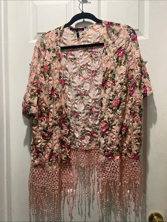 Sweet Rain Sweaters - Sweet Rain Floral Lace Kimono/Duster - Pink & Green